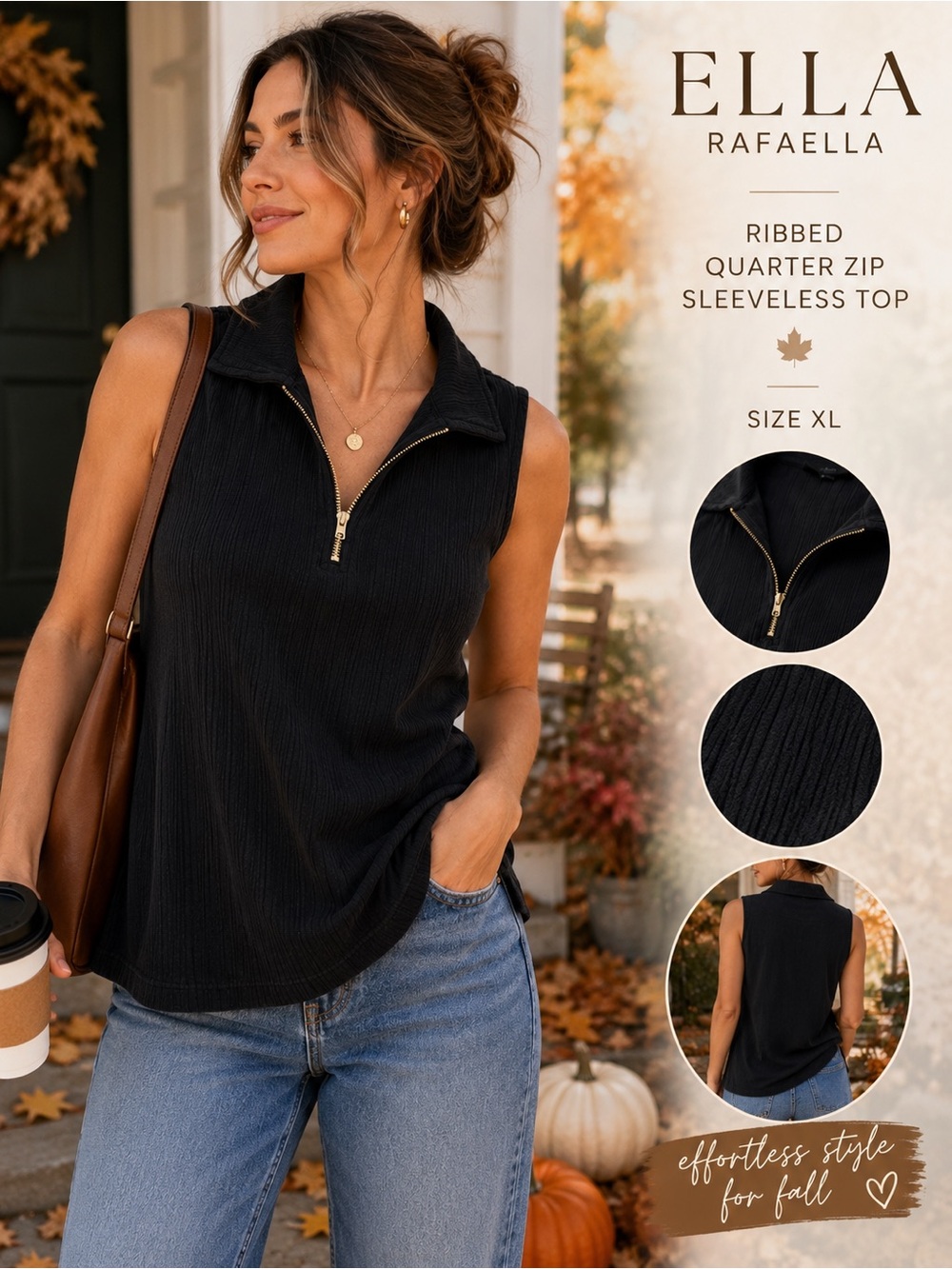 Ella Rafaella XL Black Ribbed Sleeveless Quarter Zip Collared Top Stretch - Picture 2 of 10